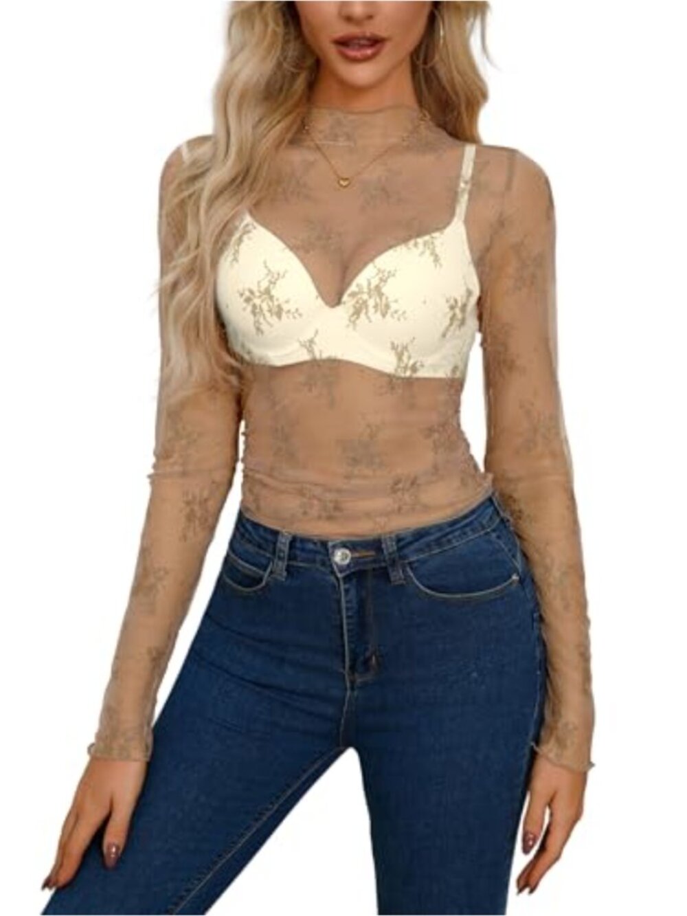 Sheer Lace Long Sleeve Crop Top Mock Neck Y2K Layering Blouse Women's Sexy See